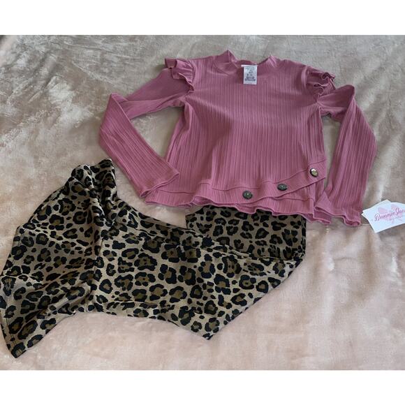 NWT Bonnie Jean 2 Pc Set Cheetah Print Flare Leggings Pink Ruffle LS Shirt Sz 14 - Picture 1 of 7
